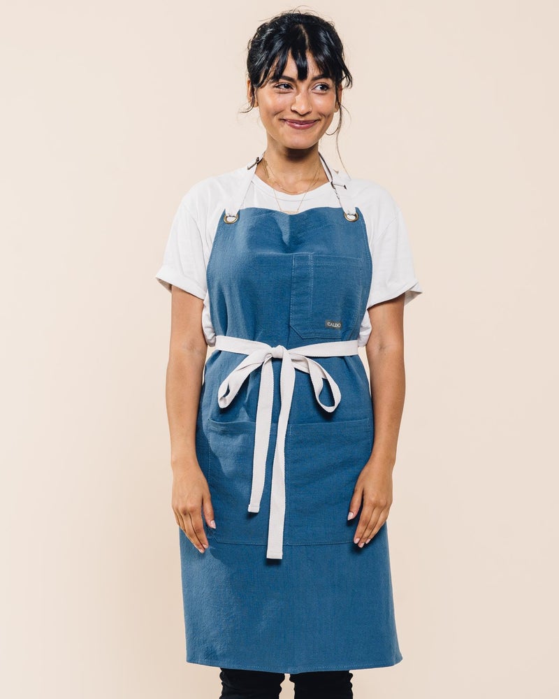 Caldo Linen Kitchen Apron for Cooking- Mens and Womens Linen Bib Apron for Professional Chef, Server, or Barista- Adjustable with Pockets (Vintage Blue) - Image 2